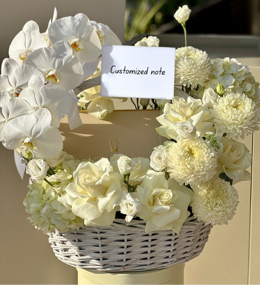 White Basket Chocolate dates and flowers gifts celebrations
